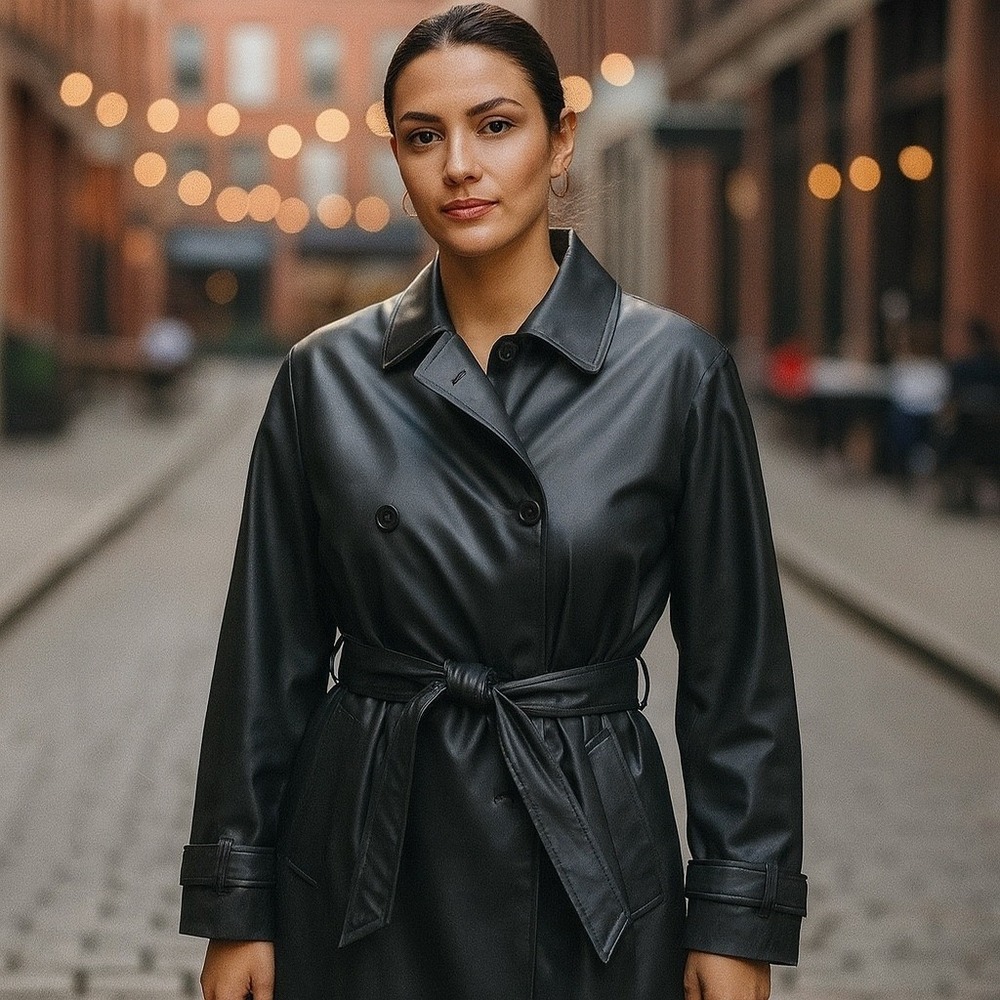 Reitmans Trench Coat Women Medium Black Faux Leather Belted Double Breasted